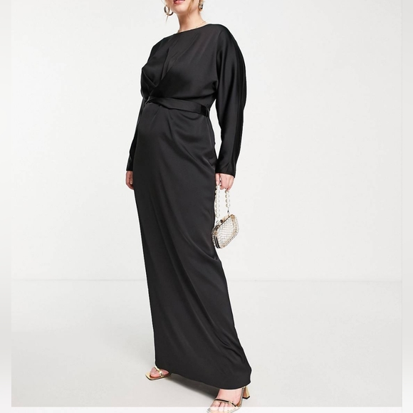 NWT ASOS Satin Maxi Dress Batwing Sleeves and Wrap Waist Black Women's Size 10 - Picture 1 of 7